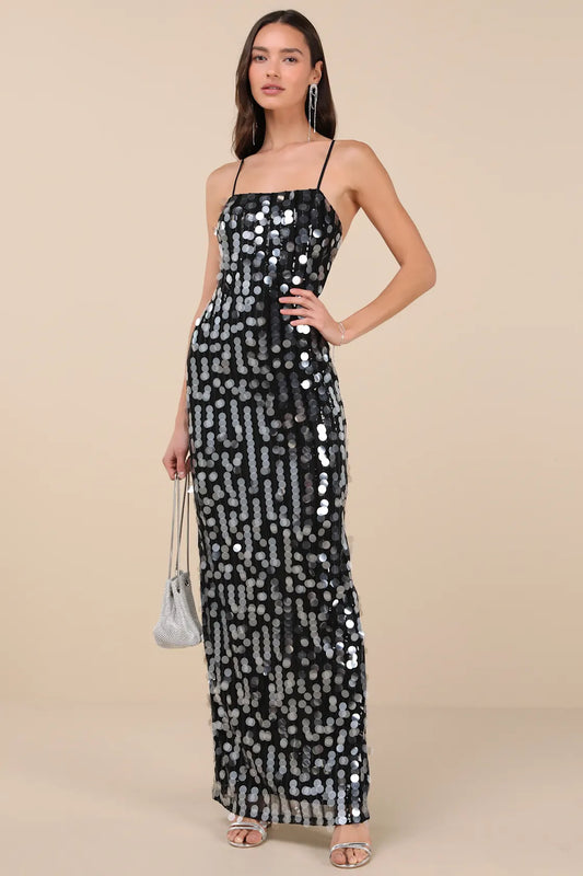 Magdala Black Sequin Backless Maxi Dress