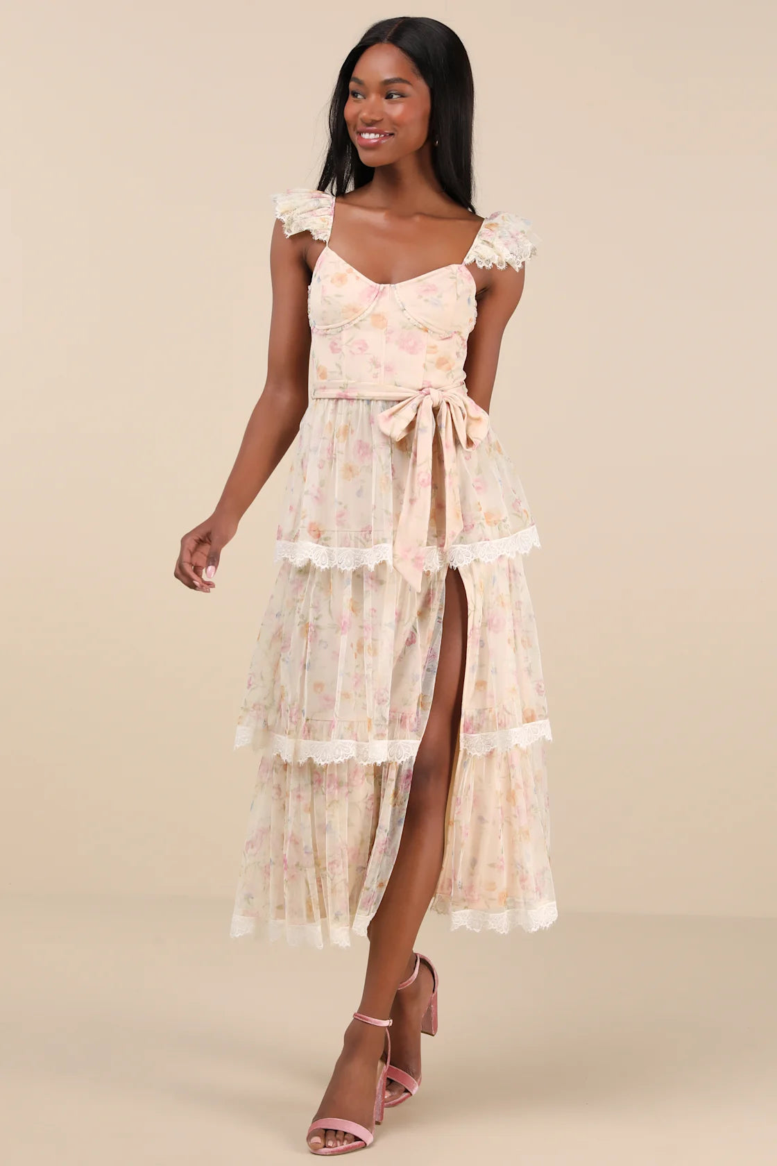 Dolora Blush Floral Bustier Tiered Midi Dress