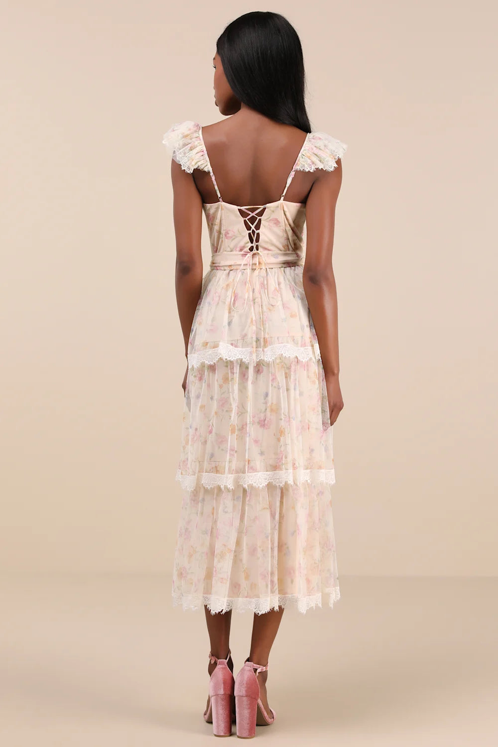 Dolora Blush Floral Bustier Tiered Midi Dress