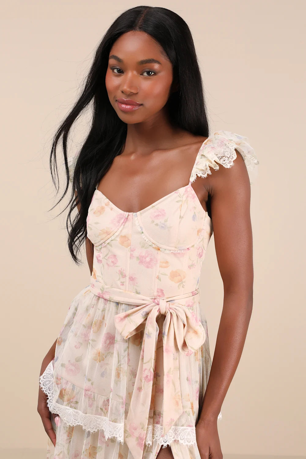 Dolora Blush Floral Bustier Tiered Midi Dress