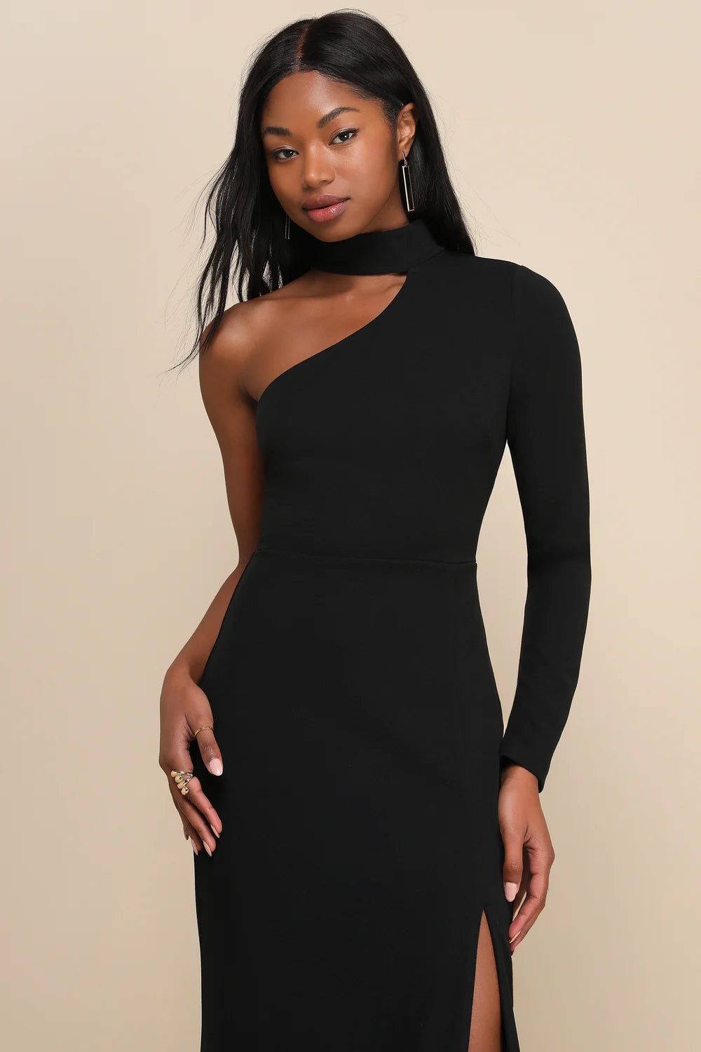 Keep It Interesting Black Cutout One-Shoulder Maxi Dress