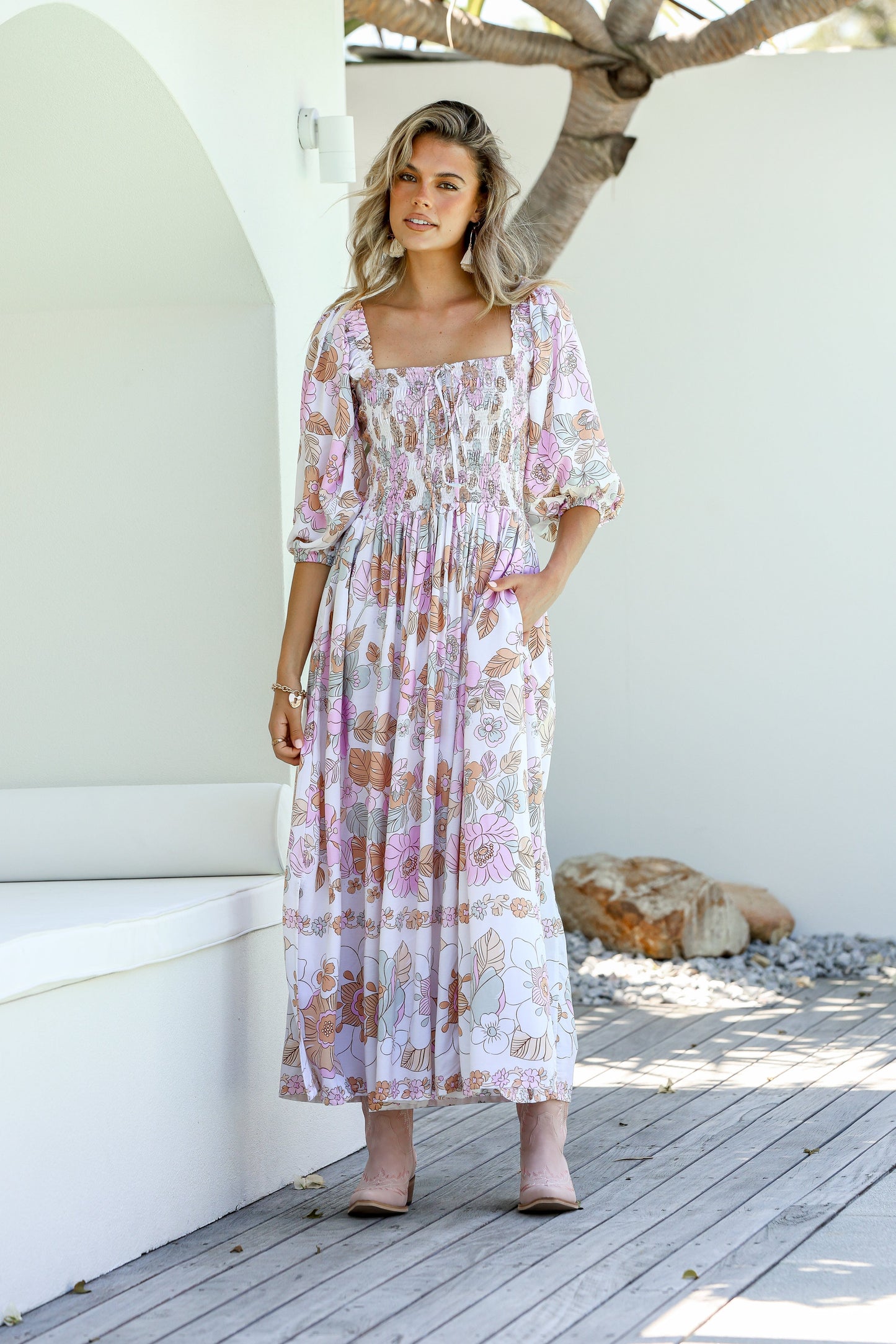 Dreamer Shirred Midi Dress - Flower Garden