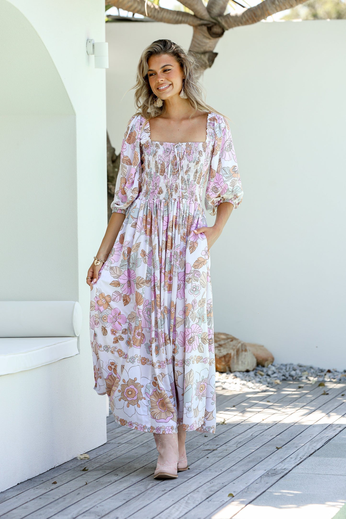 Dreamer Shirred Midi Dress - Flower Garden