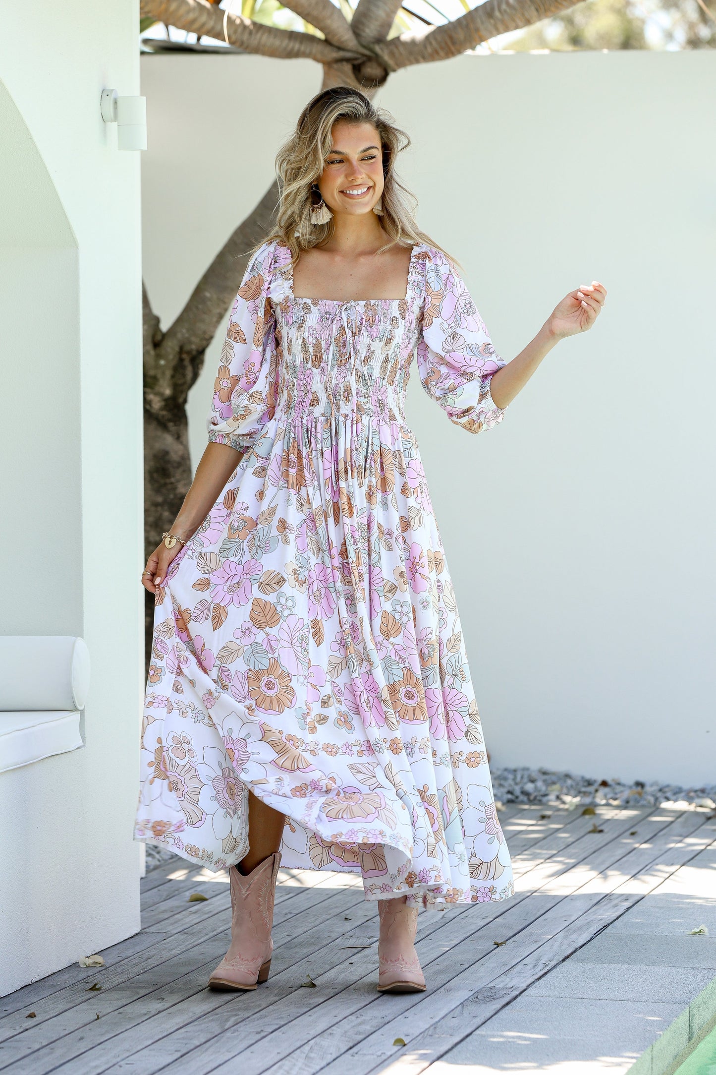 Dreamer Shirred Midi Dress - Flower Garden