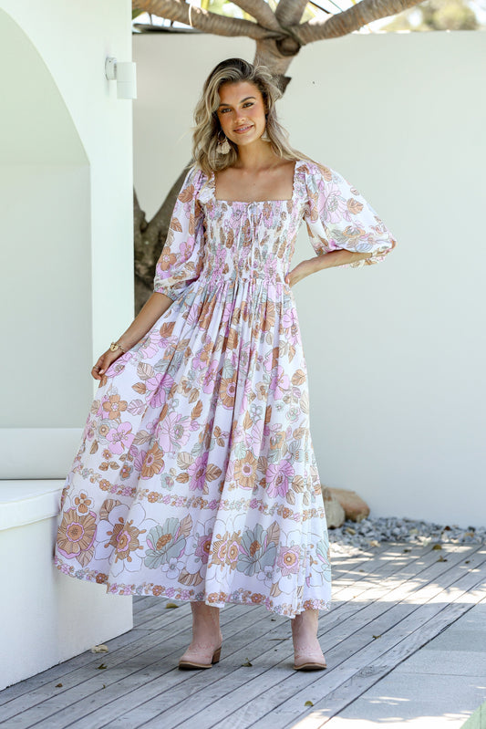 Dreamer Shirred Midi Dress - Flower Garden