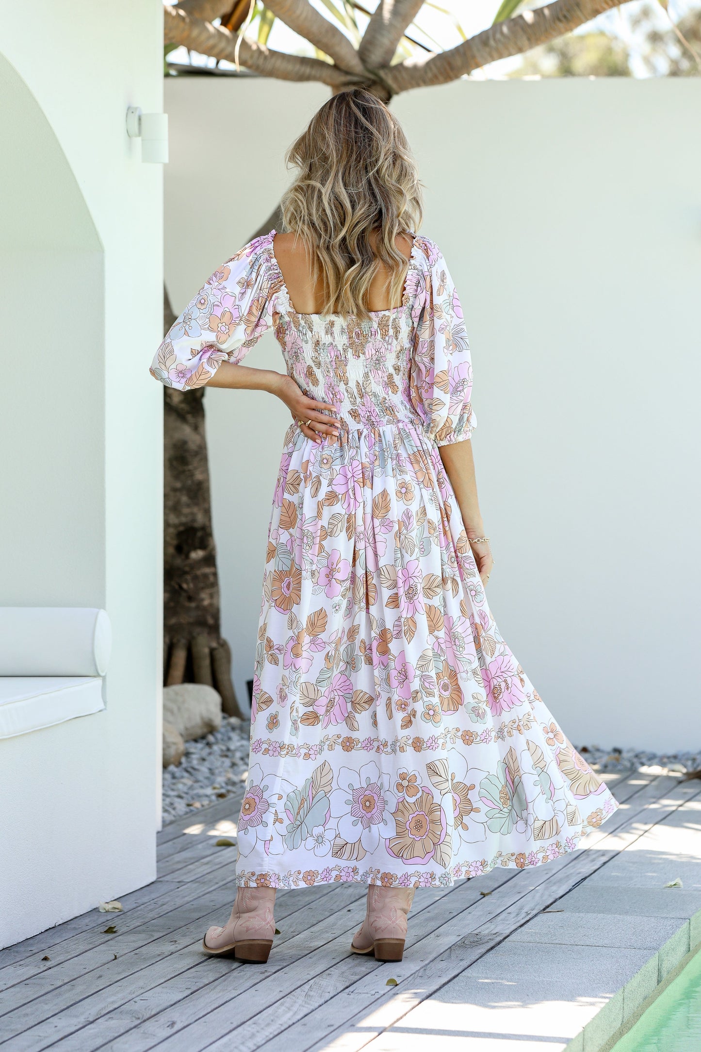 Dreamer Shirred Midi Dress - Flower Garden