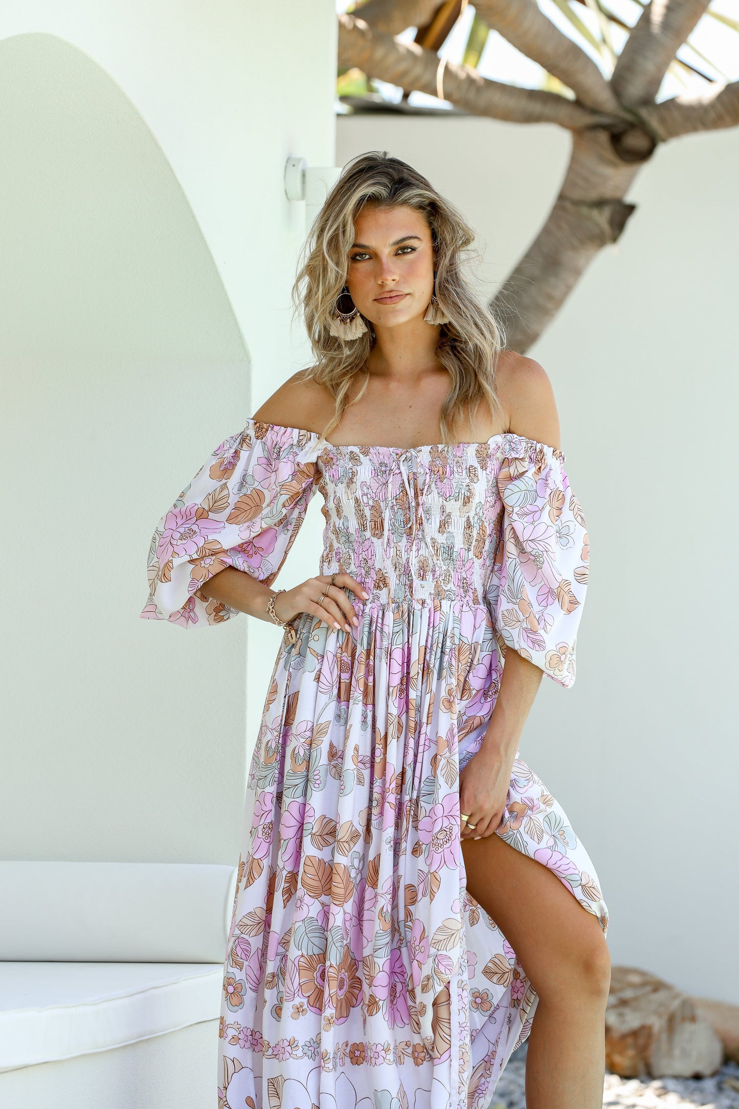 Dreamer Shirred Midi Dress - Flower Garden